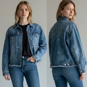 O&O Blue Paint Splatter Cropped Denim Jacket Size Large Casual Denim Jacket